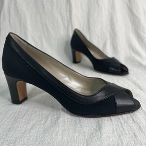 Talbots Peep Toe Black Leather/Fabric Heels Made in Italy‎ Sz 6 Classic Elegance
